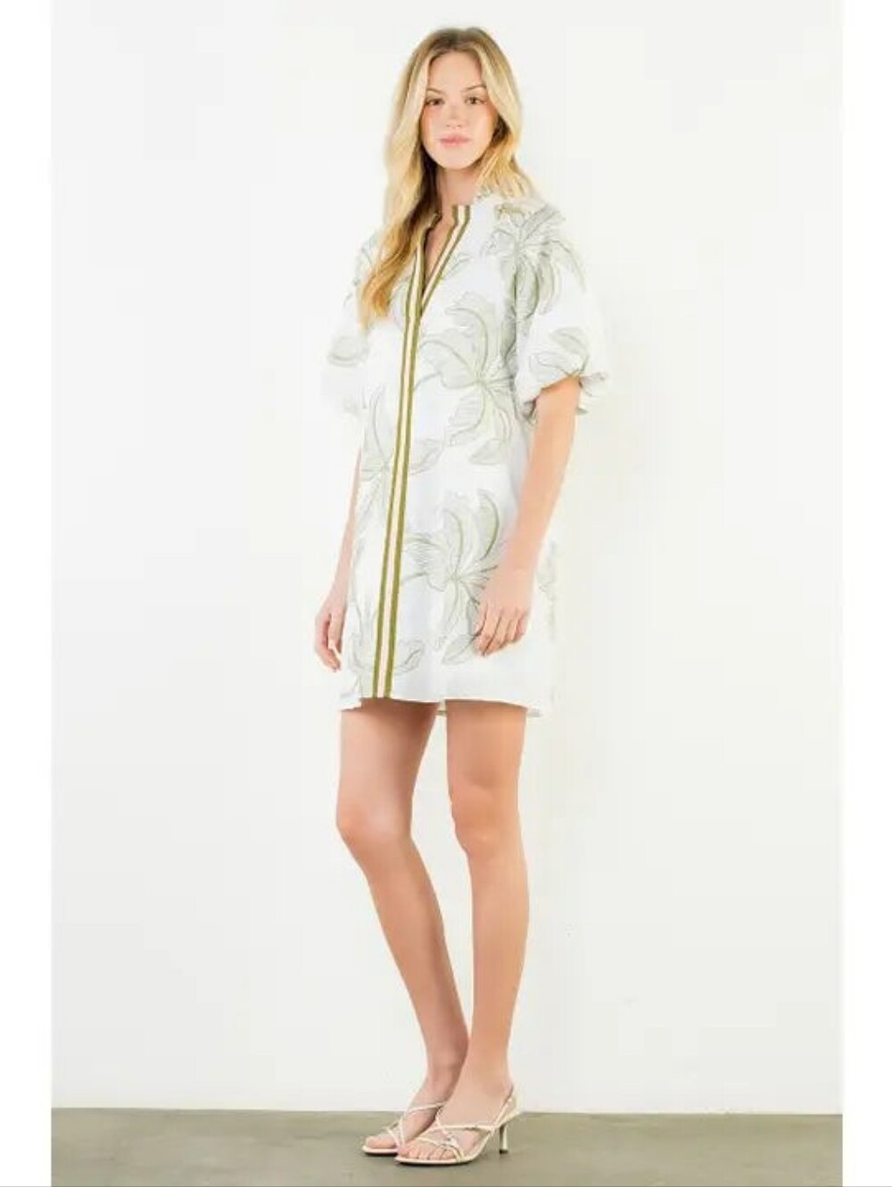 THML White Floral Mini Dress with Olive Trim